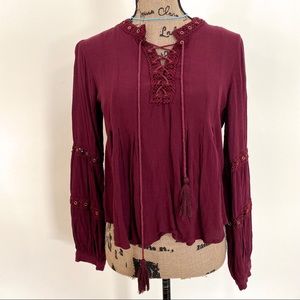 NWOT Anthropologie Lost & Wander Boho Burgundy Smock Embroidered Overlay Top